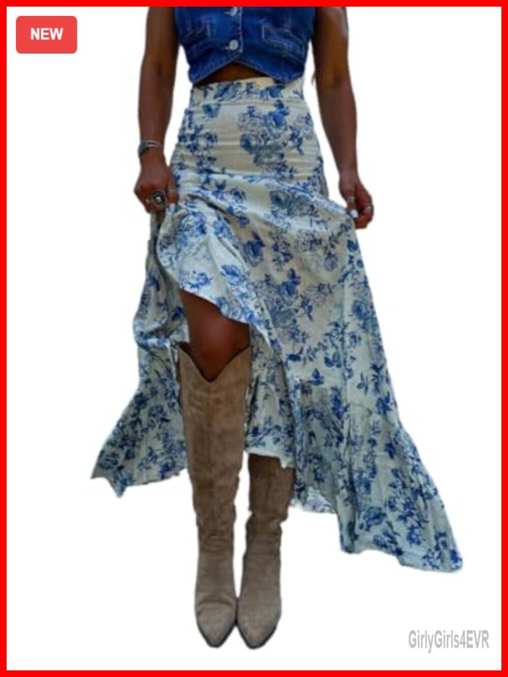 Women's Floral Print Pleated Split Maxi Skirt High Waist Summer